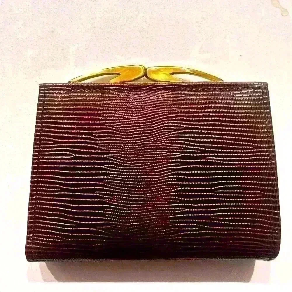 BROWN PIGSKIN LEATHER BIFOLD WALLET  WITH GOLD HARDWARE